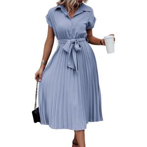 imageECOWISH Womens Casual Midi Dresses Solid V Neck Short Sleeve Button Shirt Belted Dress with Pockets for Spring Summer 2025Blight Blue