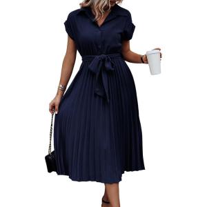imageECOWISH Womens Casual Midi Dresses Solid V Neck Short Sleeve Button Shirt Belted Dress with Pockets for Spring Summer 2025Bnavy Blue