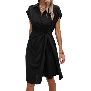 imageECOWISH Womens Casual Midi Dresses Solid V Neck Short Sleeve Button Shirt Belted Dress with Pockets for Spring Summer 2025Dblack