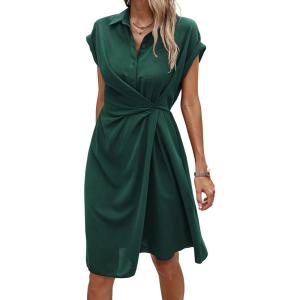 imageECOWISH Womens Casual Midi Dresses Solid V Neck Short Sleeve Button Shirt Belted Dress with Pockets for Spring Summer 2025Ddark Green
