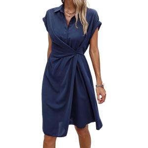imageECOWISH Womens Casual Midi Dresses Solid V Neck Short Sleeve Button Shirt Belted Dress with Pockets for Spring Summer 2025Dnavy Blue