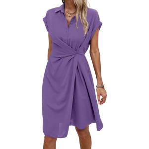 imageECOWISH Womens Casual Midi Dresses Solid V Neck Short Sleeve Button Shirt Belted Dress with Pockets for Spring Summer 2025Dpurple