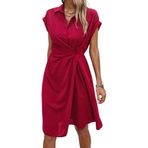 imageECOWISH Womens Casual Midi Dresses Solid V Neck Short Sleeve Button Shirt Belted Dress with Pockets for Spring Summer 2025Dred