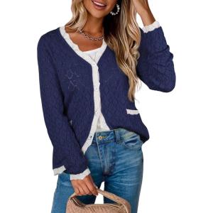 imageECOWISH Womens Lightweight Sweater Cardigan  Long Sleeve V Neck Button HollowedOut Knit Shurg Crop Tops with PocketsNavy Blue