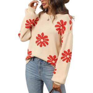 imageECOWISH Womens Sweater 2025 Fall  Long Sleeve Crewneck Tops Knit Oversized Pullover Casual Print Jumper372 Beige