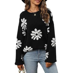 imageECOWISH Womens Sweater 2025 Fall  Long Sleeve Crewneck Tops Knit Oversized Pullover Casual Print Jumper372 Black