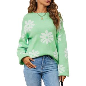 imageECOWISH Womens Sweater 2025 Fall  Long Sleeve Crewneck Tops Knit Oversized Pullover Casual Print Jumper372 Green