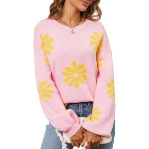 imageECOWISH Womens Sweater 2025 Fall  Long Sleeve Crewneck Tops Knit Oversized Pullover Casual Print Jumper372 Pink