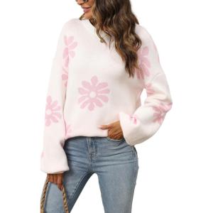 imageECOWISH Womens Sweater 2025 Fall  Long Sleeve Crewneck Tops Knit Oversized Pullover Casual Print Jumper372 White