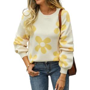 imageECOWISH Womens Sweater 2025 Fall  Long Sleeve Crewneck Tops Knit Oversized Pullover Casual Print JumperBeige