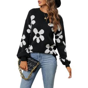 imageECOWISH Womens Sweater 2025 Fall  Long Sleeve Crewneck Tops Knit Oversized Pullover Casual Print JumperBlack