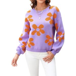imageECOWISH Womens Sweater 2025 Fall  Long Sleeve Crewneck Tops Knit Oversized Pullover Casual Print JumperPurple