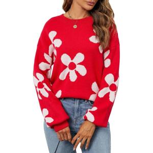 imageECOWISH Womens Sweater 2025 Fall  Long Sleeve Crewneck Tops Knit Oversized Pullover Casual Print JumperRed