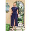 imageECOWISH Summer Maxi Dress Women Cocktail Formal Wedding Guest Long Short Sleeve Pleated Dresses Empire Waist Crew Neck SlitPurple Blue