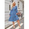 imageECOWISH Women 2025 Casual Tie Front Pleated Long Sleeve Dresses Elastic Waist Tiered Ruffle Flowy Midi Dress with PocketsGrey Blue