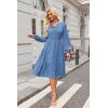 imageECOWISH Women 2025 Casual Tie Front Pleated Long Sleeve Dresses Elastic Waist Tiered Ruffle Flowy Midi Dress with PocketsGrey Blue