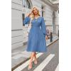 imageECOWISH Women 2025 Casual Tie Front Pleated Long Sleeve Dresses Elastic Waist Tiered Ruffle Flowy Midi Dress with PocketsGrey Blue