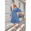 imageECOWISH Women 2025 Casual Tie Front Pleated Long Sleeve Dresses Elastic Waist Tiered Ruffle Flowy Midi Dress with PocketsGrey Blue