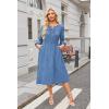 imageECOWISH Women 2025 Casual Tie Front Pleated Long Sleeve Dresses Elastic Waist Tiered Ruffle Flowy Midi Dress with PocketsGrey Blue
