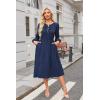 imageECOWISH Women 2025 Casual Tie Front Pleated Long Sleeve Dresses Elastic Waist Tiered Ruffle Flowy Midi Dress with PocketsNavy Blue