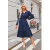 imageECOWISH Women 2025 Casual Tie Front Pleated Long Sleeve Dresses Elastic Waist Tiered Ruffle Flowy Midi Dress with PocketsNavy Blue