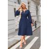 imageECOWISH Women 2025 Casual Tie Front Pleated Long Sleeve Dresses Elastic Waist Tiered Ruffle Flowy Midi Dress with PocketsNavy Blue