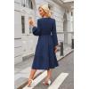 imageECOWISH Women 2025 Casual Tie Front Pleated Long Sleeve Dresses Elastic Waist Tiered Ruffle Flowy Midi Dress with PocketsNavy Blue