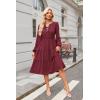 imageECOWISH Women 2025 Casual Tie Front Pleated Long Sleeve Dresses Elastic Waist Tiered Ruffle Flowy Midi Dress with PocketsWine Red