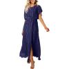 imageECOWISH Summer Maxi Dress Women Cocktail Formal Wedding Guest Long Short Sleeve Pleated Dresses Empire Waist Crew Neck SlitPurple Blue