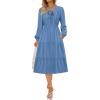 imageECOWISH Women 2025 Casual Tie Front Pleated Long Sleeve Dresses Elastic Waist Tiered Ruffle Flowy Midi Dress with PocketsGrey Blue