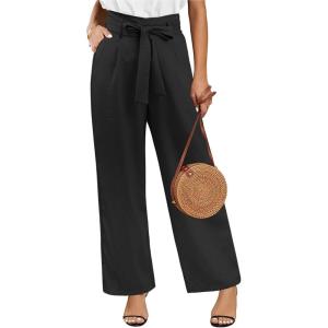 imageECOWISH Palazzo Pants for Women Casual 2025 Summer Loose Baggy Wide Leg Flowy High Waisted Polka Dot Trouser with Belt PocketBlack