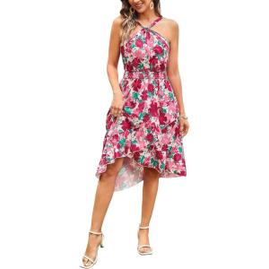 imageECOWISH Polka Dot Women Summer Dress Midi A Line Flowy High Low Sleeveless Boho Floral Halterneck Cocktail Tops Sundress 202546 Red Floral