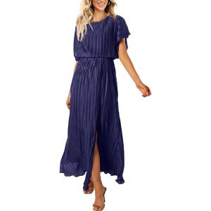 imageECOWISH Summer Maxi Dress Women Cocktail Formal Wedding Guest Long Short Sleeve Pleated Dresses Empire Waist Crew Neck SlitPurple Blue