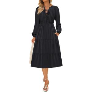imageECOWISH Women 2025 Casual Tie Front Pleated Long Sleeve Dresses Elastic Waist Tiered Ruffle Flowy Midi Dress with PocketsBlack
