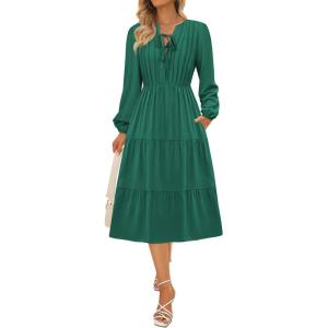 imageECOWISH Women 2025 Casual Tie Front Pleated Long Sleeve Dresses Elastic Waist Tiered Ruffle Flowy Midi Dress with PocketsDark Green