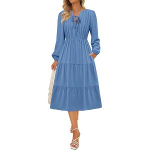 imageECOWISH Women 2025 Casual Tie Front Pleated Long Sleeve Dresses Elastic Waist Tiered Ruffle Flowy Midi Dress with PocketsGrey Blue