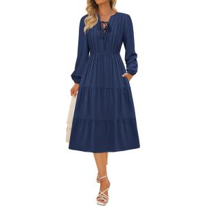 imageECOWISH Women 2025 Casual Tie Front Pleated Long Sleeve Dresses Elastic Waist Tiered Ruffle Flowy Midi Dress with PocketsNavy Blue