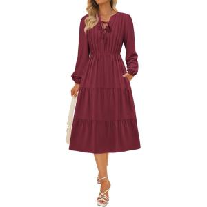 imageECOWISH Women 2025 Casual Tie Front Pleated Long Sleeve Dresses Elastic Waist Tiered Ruffle Flowy Midi Dress with PocketsWine Red