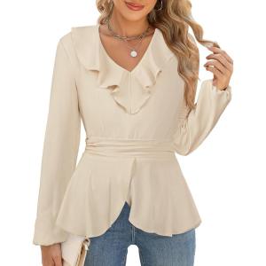 imageECOWISH Women Dressy Ruffle Blouse 2025 Long Sleeve Peplum Work Shirts Elegant V Neck Smocked Waist Business Casual Tops452 Beige