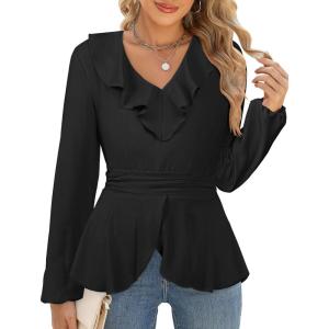 imageECOWISH Women Dressy Ruffle Blouse 2025 Long Sleeve Peplum Work Shirts Elegant V Neck Smocked Waist Business Casual Tops452 Black