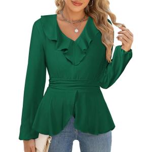 imageECOWISH Women Dressy Ruffle Blouse 2025 Long Sleeve Peplum Work Shirts Elegant V Neck Smocked Waist Business Casual Tops452 Green