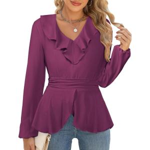 imageECOWISH Women Dressy Ruffle Blouse 2025 Long Sleeve Peplum Work Shirts Elegant V Neck Smocked Waist Business Casual Tops452 Purple