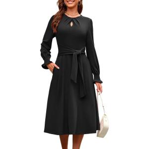 imageECOWISH Womens Midi Dress 2025 Fall Long Sleeve Tie Waist Casual Elegant Party Cocktail A Line Flowy Dresses with PocketsBlack