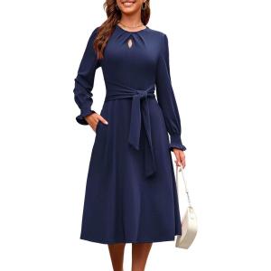 imageECOWISH Womens Midi Dress 2025 Fall Long Sleeve Tie Waist Casual Elegant Party Cocktail A Line Flowy Dresses with PocketsNavy Blue