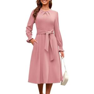 imageECOWISH Womens Midi Dress 2025 Fall Long Sleeve Tie Waist Casual Elegant Party Cocktail A Line Flowy Dresses with PocketsPink