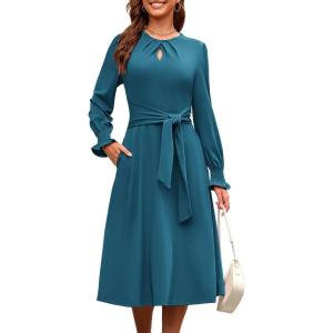 imageECOWISH Womens Midi Dress 2025 Fall Long Sleeve Tie Waist Casual Elegant Party Cocktail A Line Flowy Dresses with PocketsTeal
