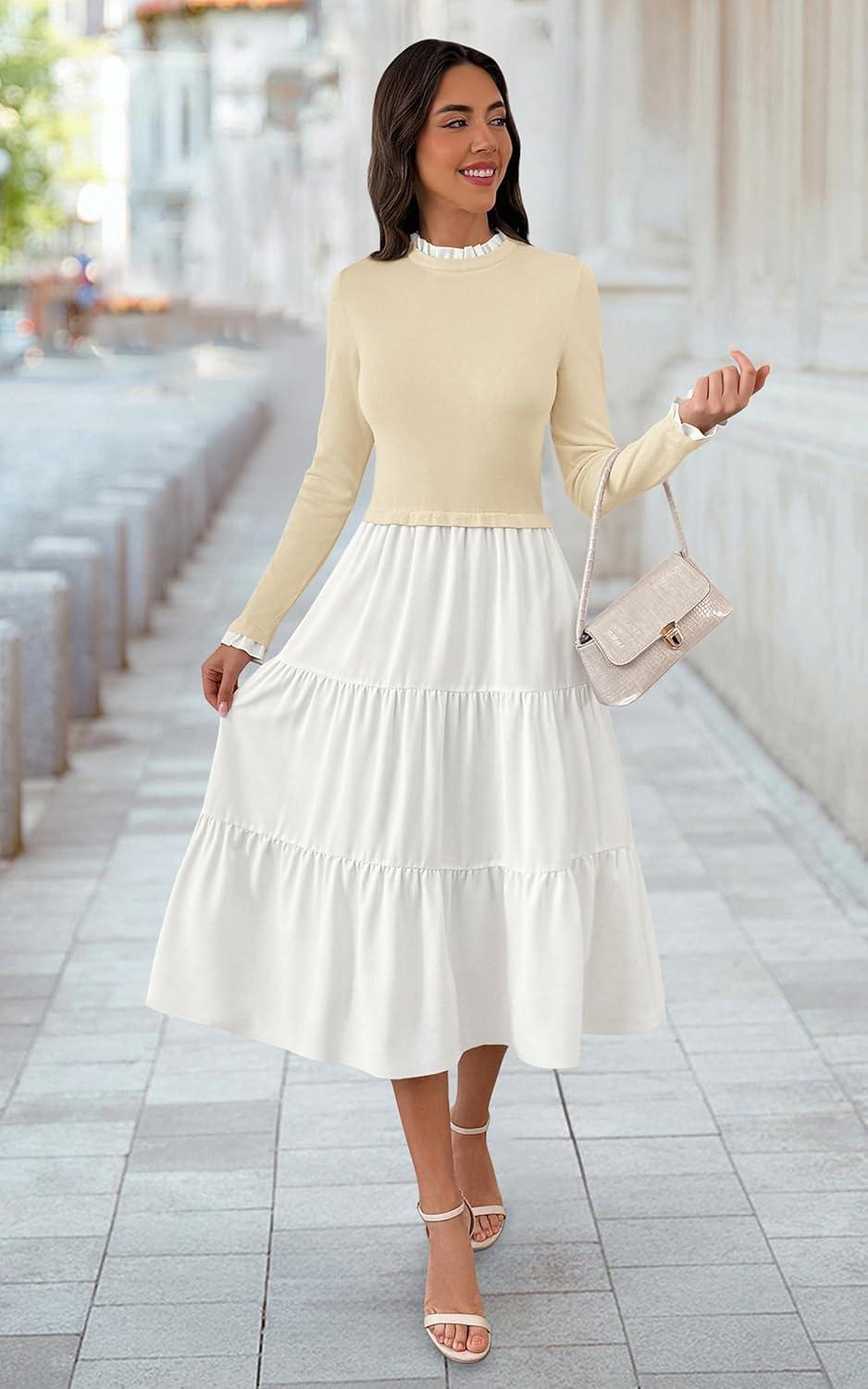 imageECOWISH Sweater Dresses for Women 2025  Fall Patchwork Long Sleeve Knit Flowy ALine Midi Casual One Piece OutfitsBeige