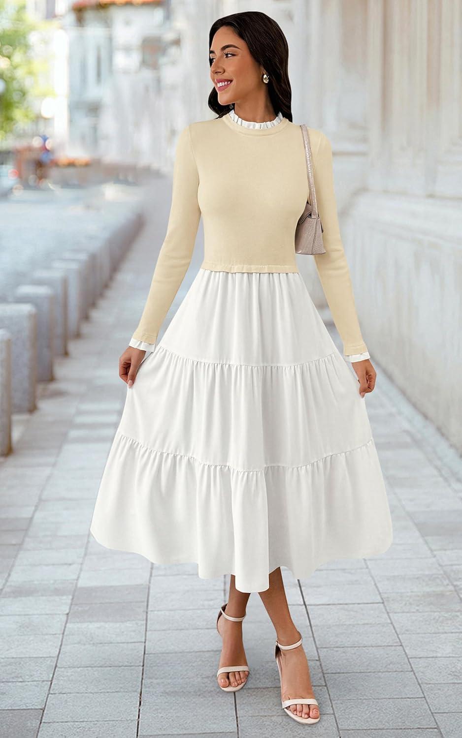 imageECOWISH Sweater Dresses for Women 2025  Fall Patchwork Long Sleeve Knit Flowy ALine Midi Casual One Piece OutfitsBeige