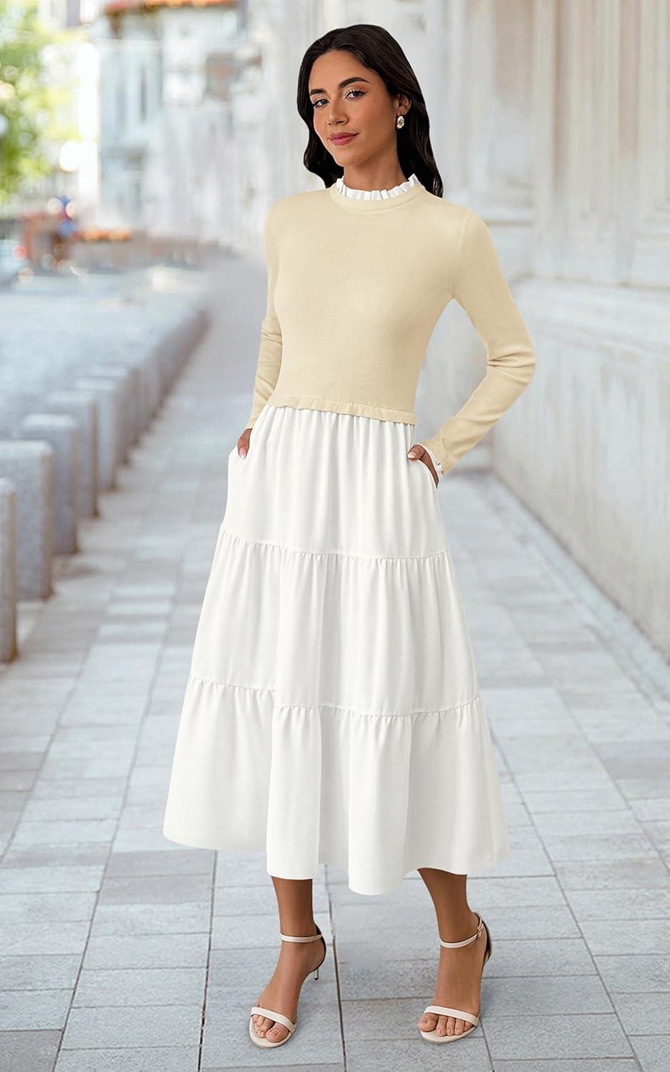 imageECOWISH Sweater Dresses for Women 2025  Fall Patchwork Long Sleeve Knit Flowy ALine Midi Casual One Piece OutfitsBeige
