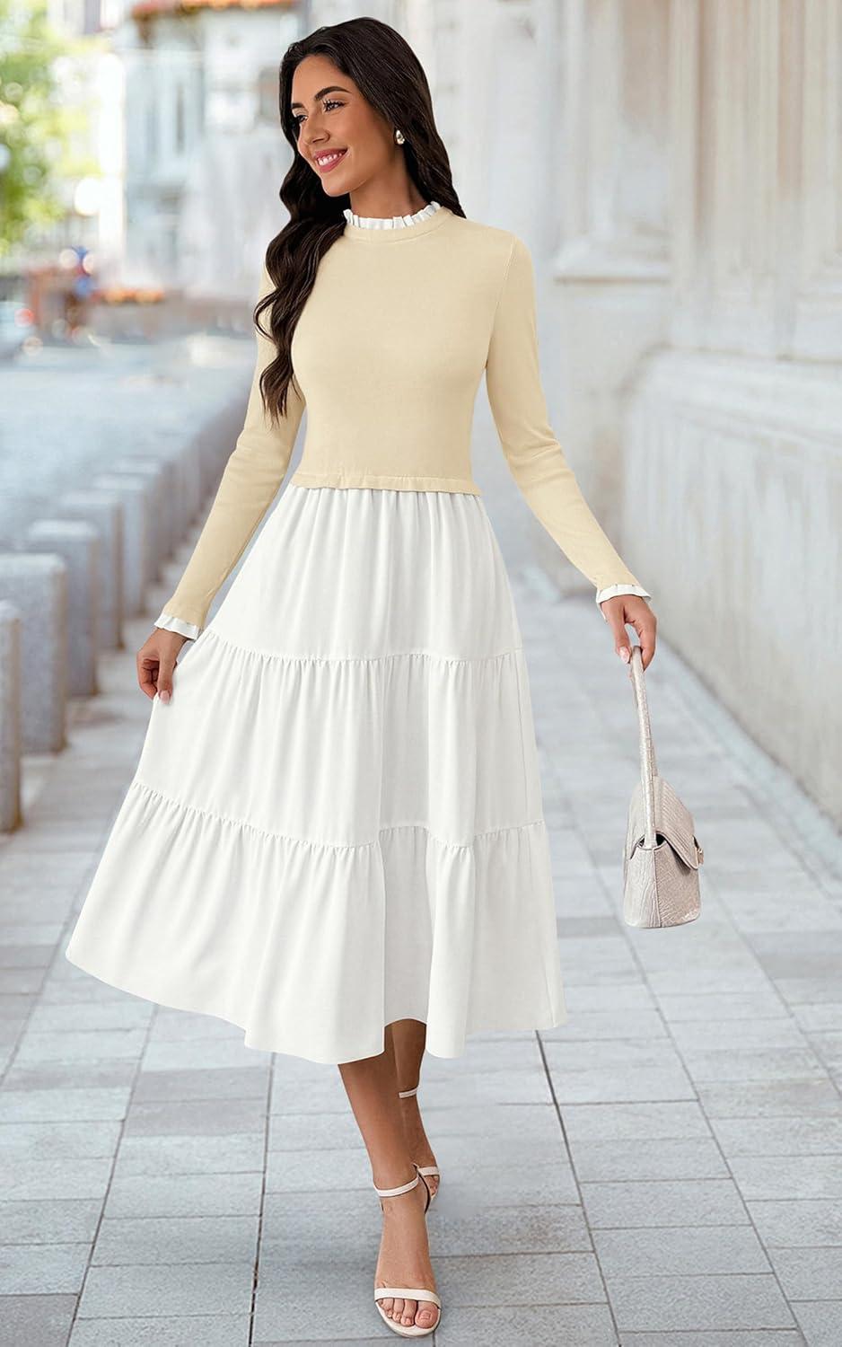 imageECOWISH Sweater Dresses for Women 2025  Fall Patchwork Long Sleeve Knit Flowy ALine Midi Casual One Piece OutfitsBeige